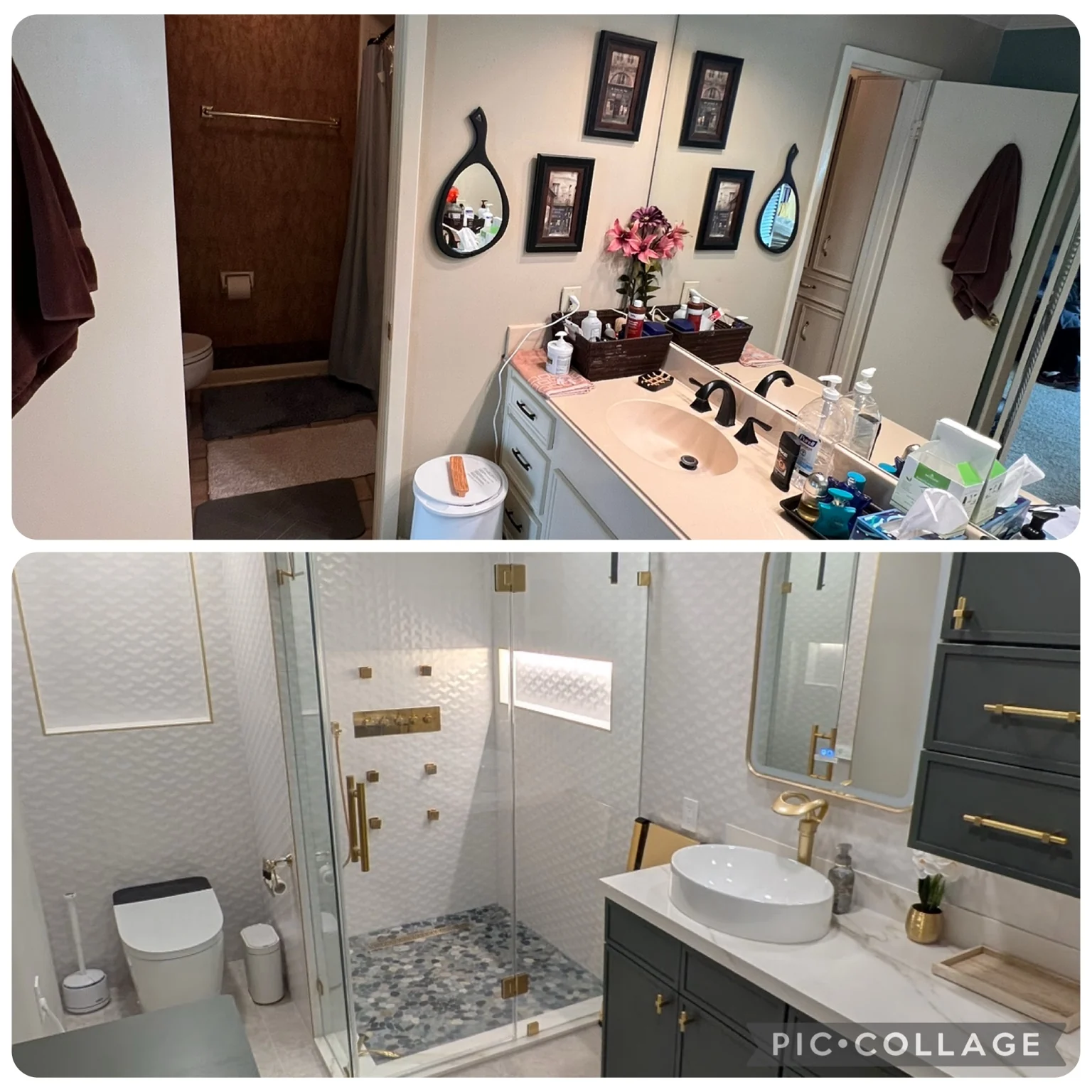 Before and after bathroom remodel with walk-in shower, dark vanity and gold fixtures