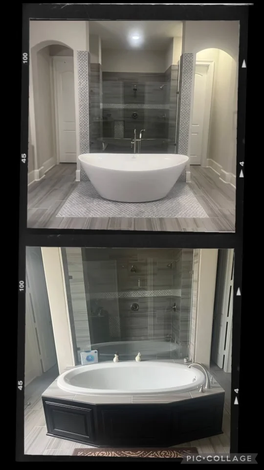 Bathroom tub and shower remodeling transformation with freestanding tub and custom tile