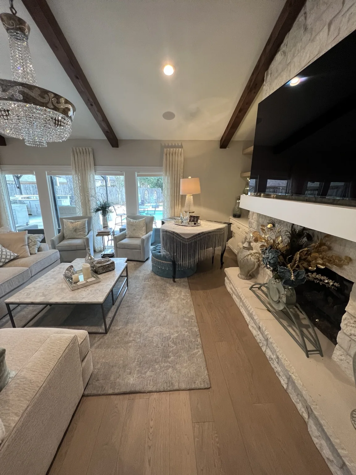 Engineered wood flooring in a finished living room