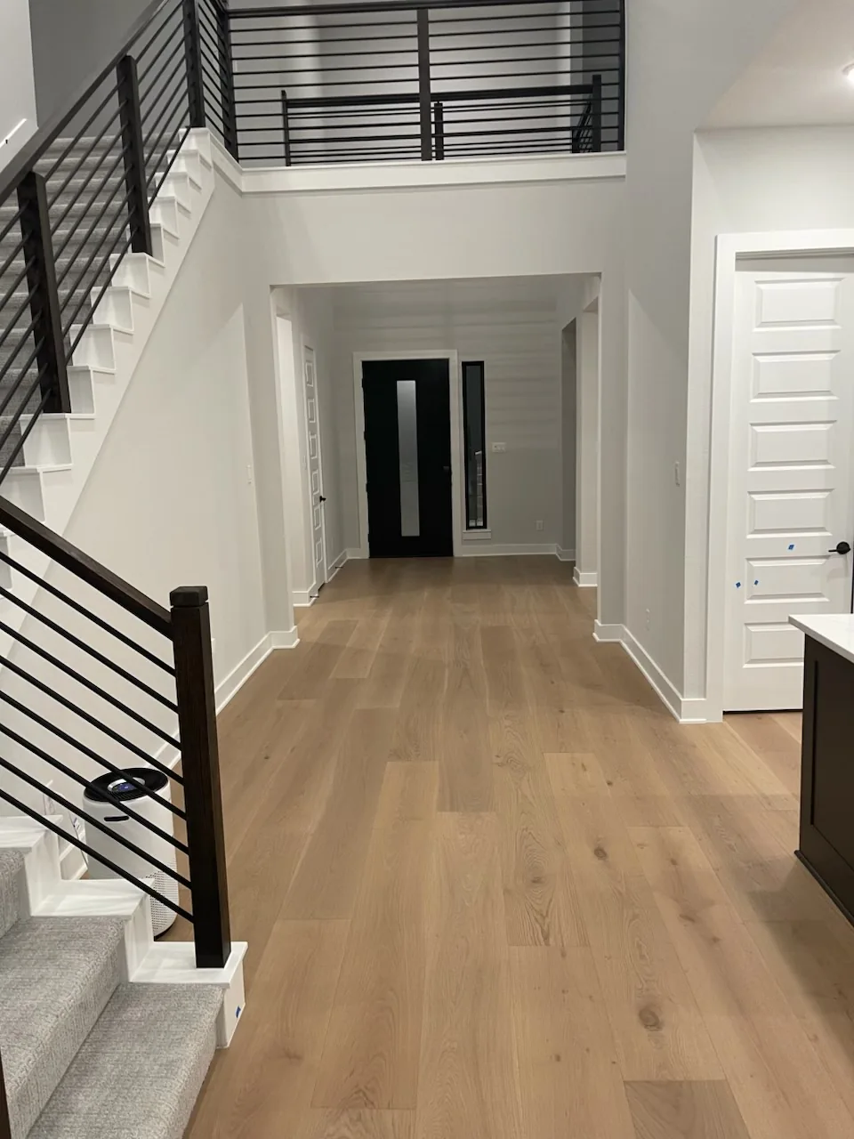 Light engineered wood flooring through a modern entry