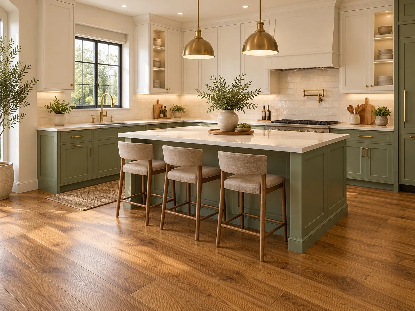 Warm wood-look flooring in kitchen with green cabinets