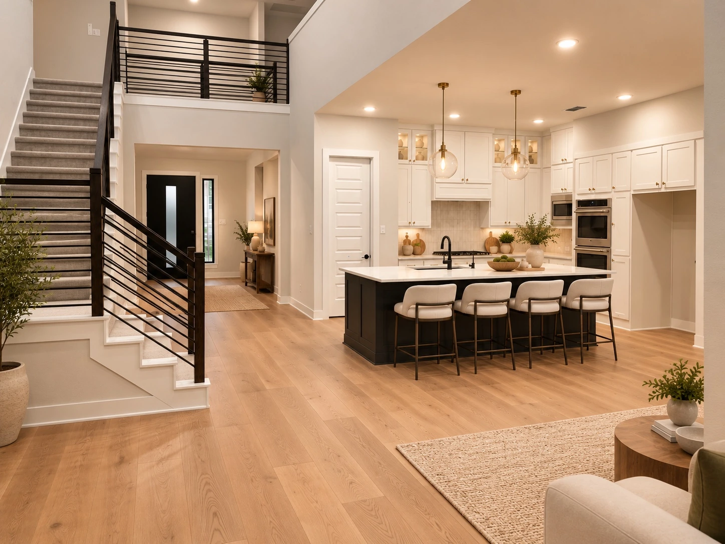 Bright luxury home with engineered hardwood floors, custom kitchen, island and modern staircase