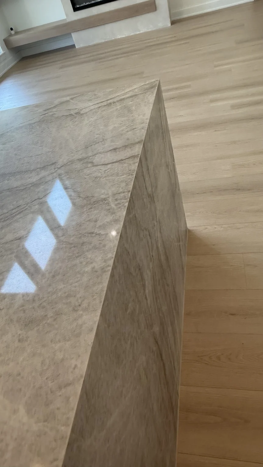 Close-up waterfall stone countertop