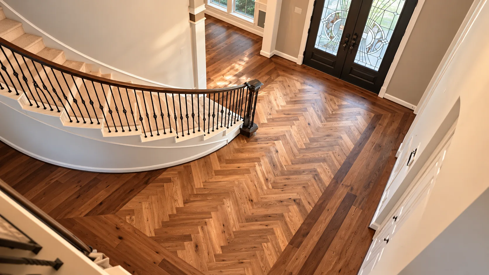 Custom herringbone wood flooring and curved staircase in an elegant home entrance