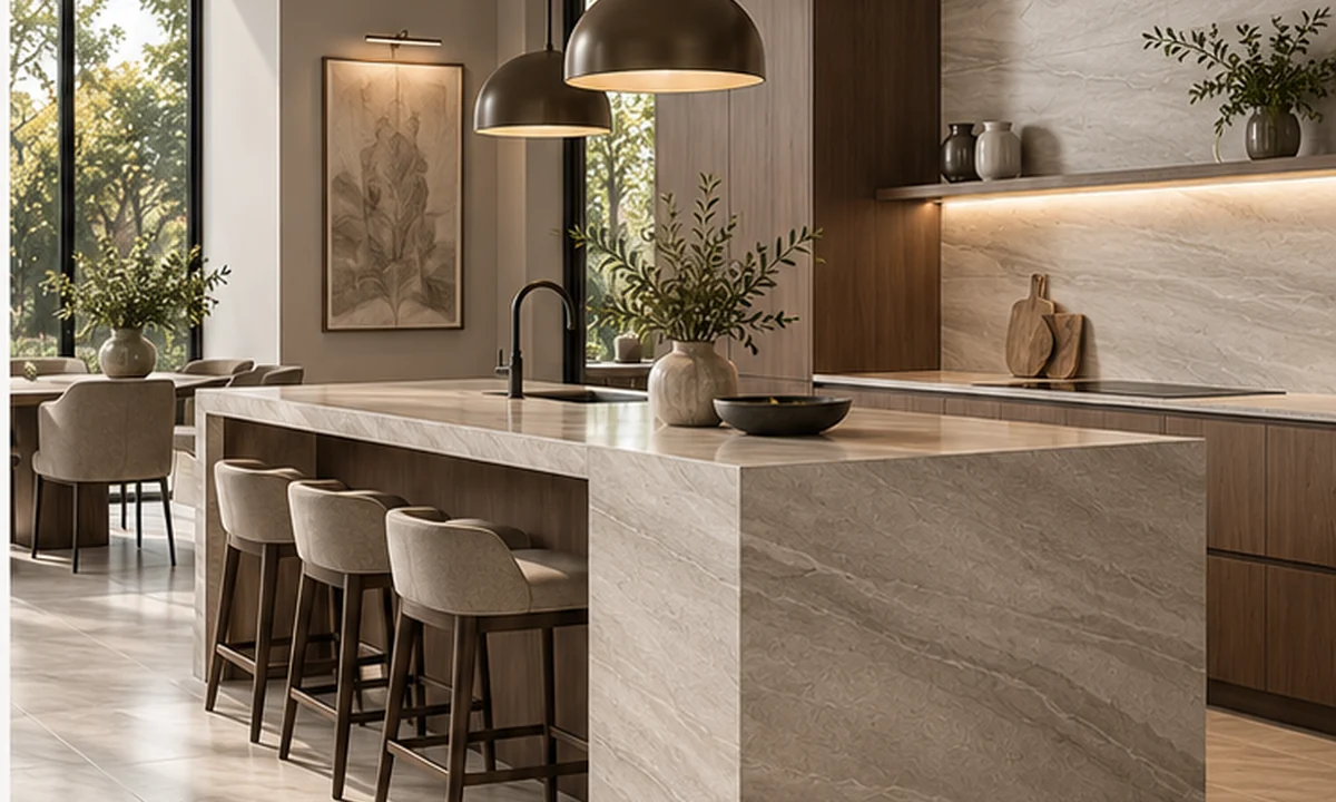 Siena quartzite-look porcelain tile collection in a luxury kitchen