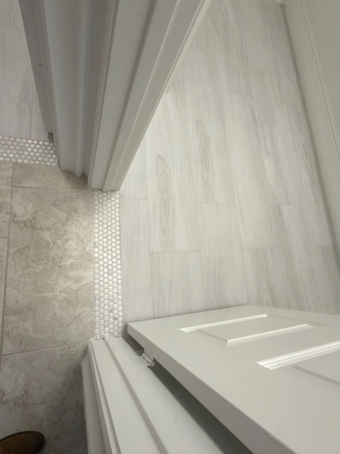 Light wood-look tile flooring with mosaic threshold detail