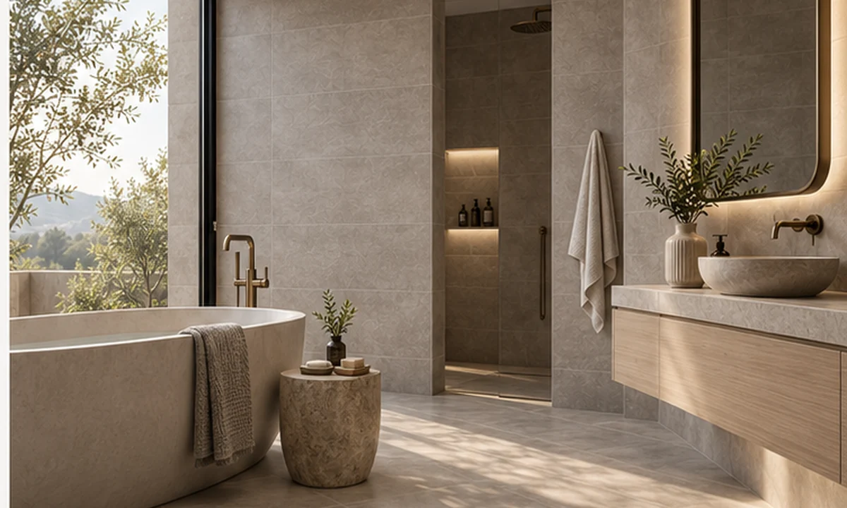 Verona porcelain tile collection in a luxury bathroom